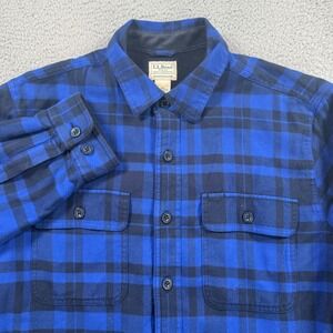 LLBean Shacket Mens M Traditional Fit Plaid Flannel Shirt Jacket Blue Black